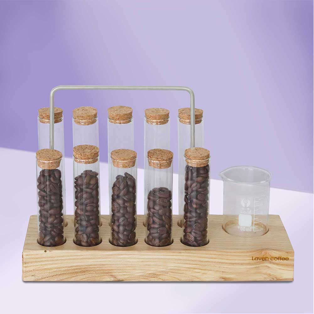 Combo Kệ gỗ trưng bày 10 lọ thủy tinh có nắp và Cốc/ Ly thủy tinh đong cà phê | Laven Coffee